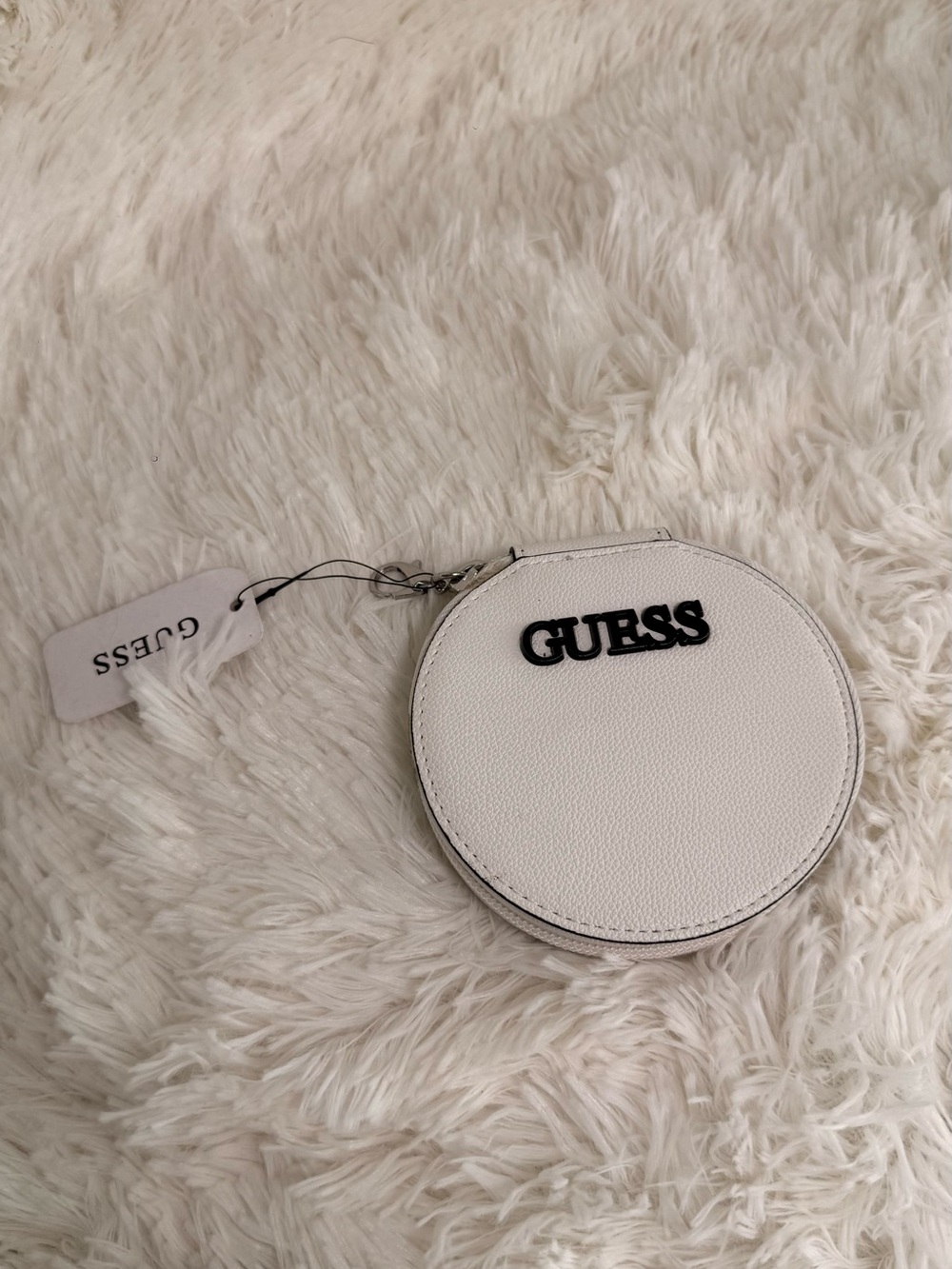 GUESS White Round Zip Coin Wallet with Black Logo